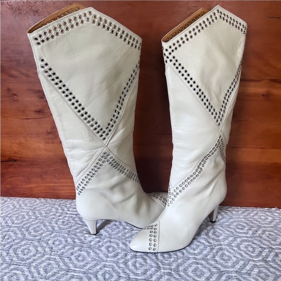 ISABEL MARANT “Lahia” White Eyelet Leather Calf High Heeled Boots Size 7 - Picture 7 of 11